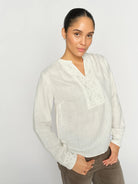 Mos Mosh Evanda women’s linen blend blouse broderie anglaise neckline front view