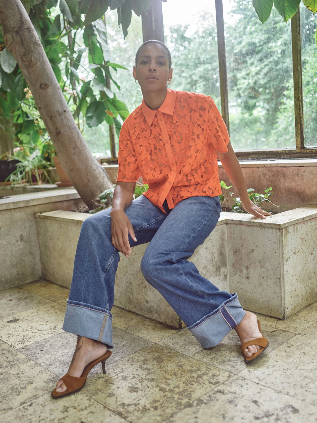 Mos Mosh Lia River red lace shirt styled with denim outfit