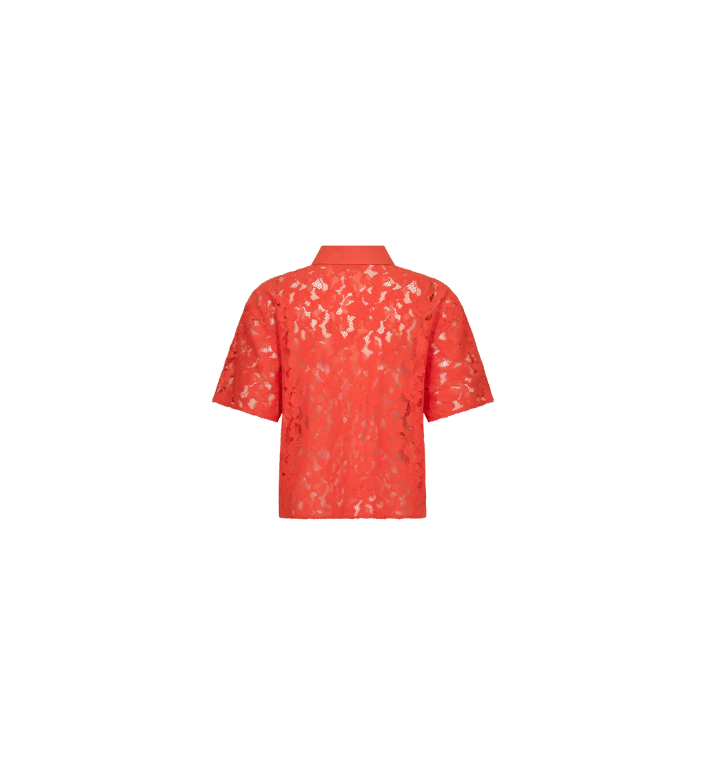 Mos Mosh Lia River lace blouse coral red short sleeve full look