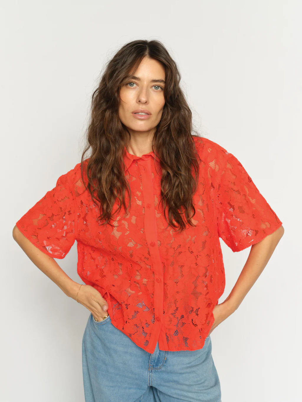 Mos Mosh Lia River lace shirt coral red short sleeve front