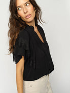 Mos Mosh black lace sleeve blouse V neck pleated front detail