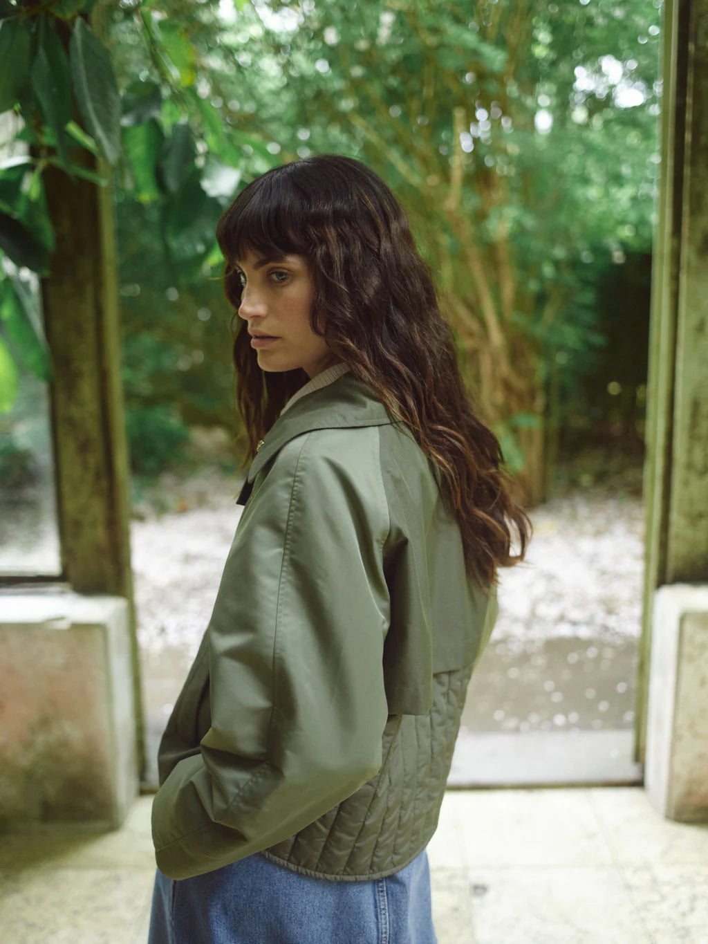 Mos Mosh Zyla Neola trench jacket back view with quilted panel