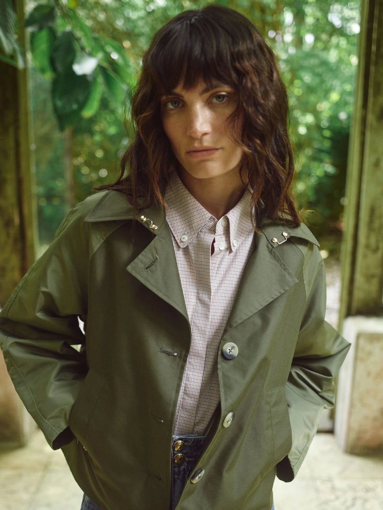 Mos Mosh Zyla Neola olive cropped trench jacket front view