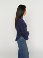 Mos Mosh Mape Alice knit cardigan in navy blue, side profile highlighting soft drape and lightweight cozy knit