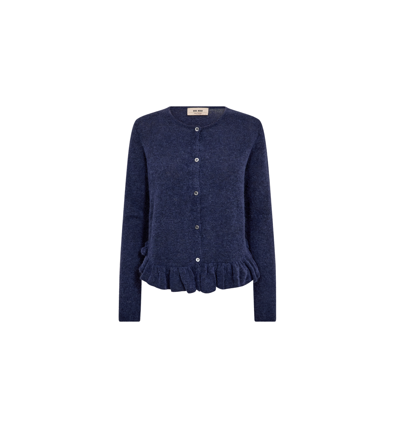 Mos Mosh Mape Alice knit cardigan navy, front view showing round neckline, button fastening and softly textured knit