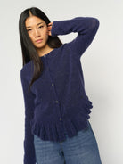 Mos Mosh Mape Alice knit cardigan in navy blue, soft wool-blend cardigan with button front and subtle frill he