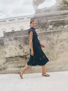 Mos Mosh Aria organic cotton black midi dress movement shot
