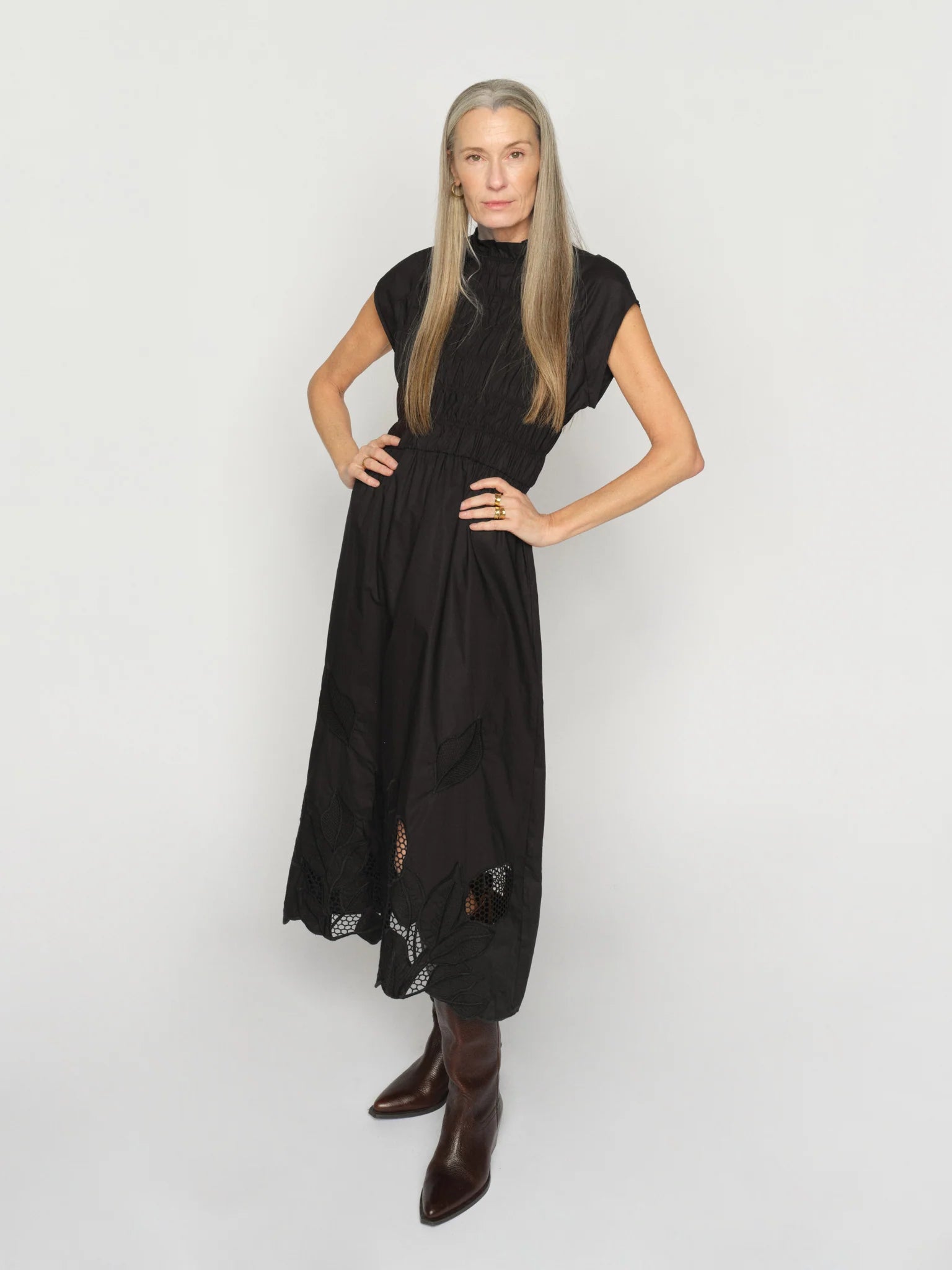Mos Mosh Aria black smocked midi dress front full length