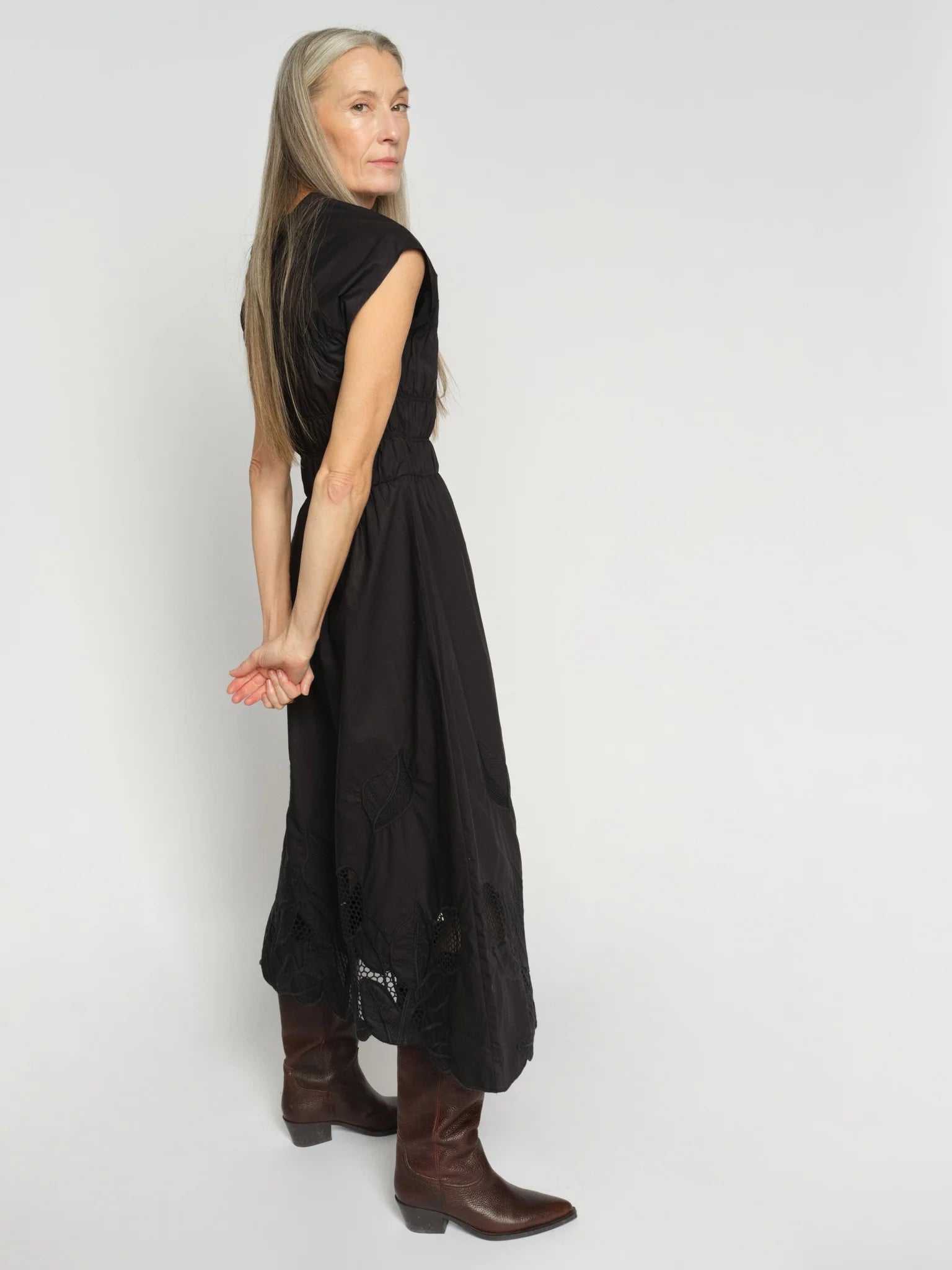 Mos Mosh Aria black midi dress back view smocked bodice