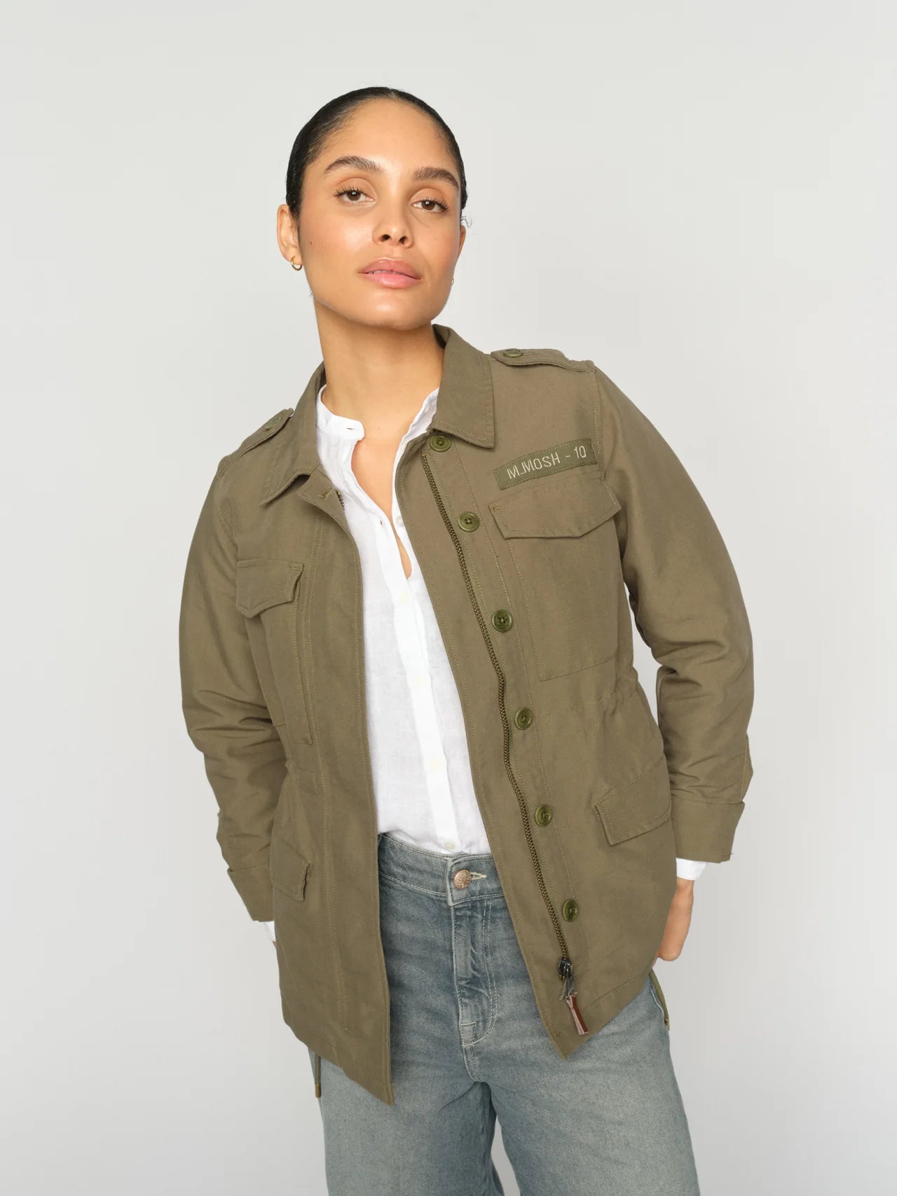 Mos Mosh Tinsley Fredric relaxed fit khaki utility jacket with concealed fastening and flap pockets