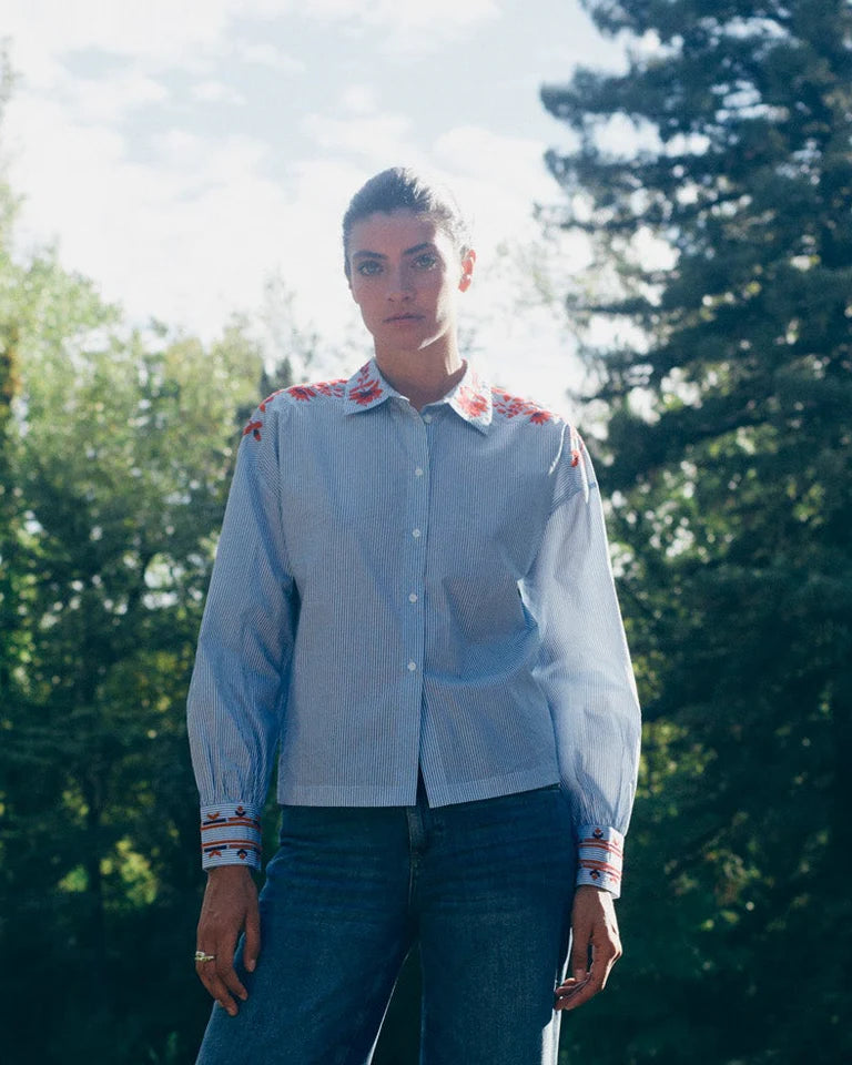 Mos Mosh Osmo blue white stripe embroidered shirt product view