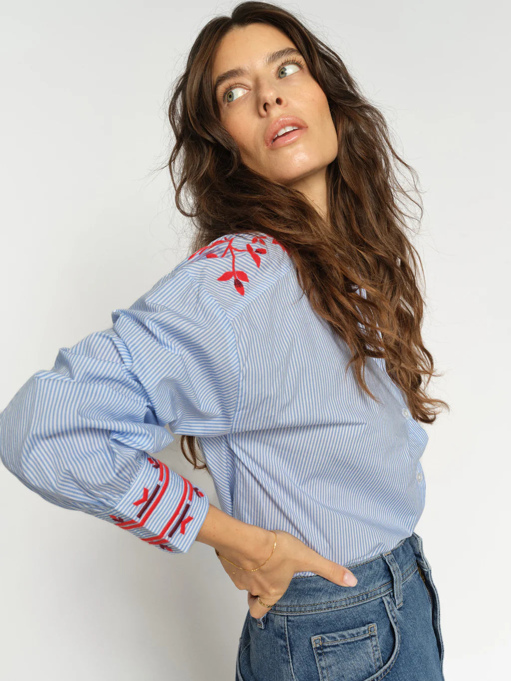 Mos Mosh Osmo blue stripe embroidered shirt shoulder detail