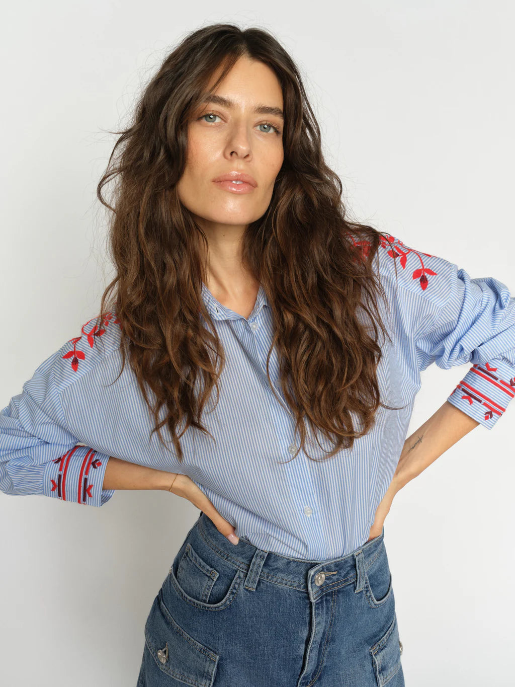 Mos Mosh Osmo embroidered stripe shirt blue white front view