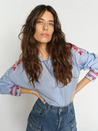 Mos Mosh Osmo embroidered stripe shirt blue white front view