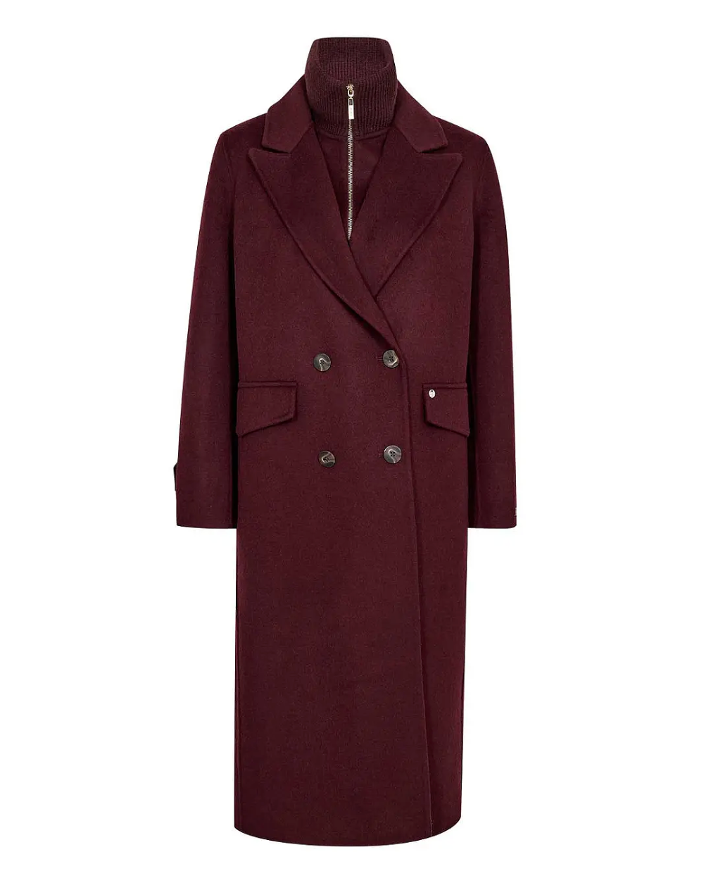 Mos Mosh Alva Loisa burgundy long double-breasted coat with zipped mock-neck insert