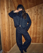 MOS MOSH Harriet Loisa navy oversized zip jacket styled on model