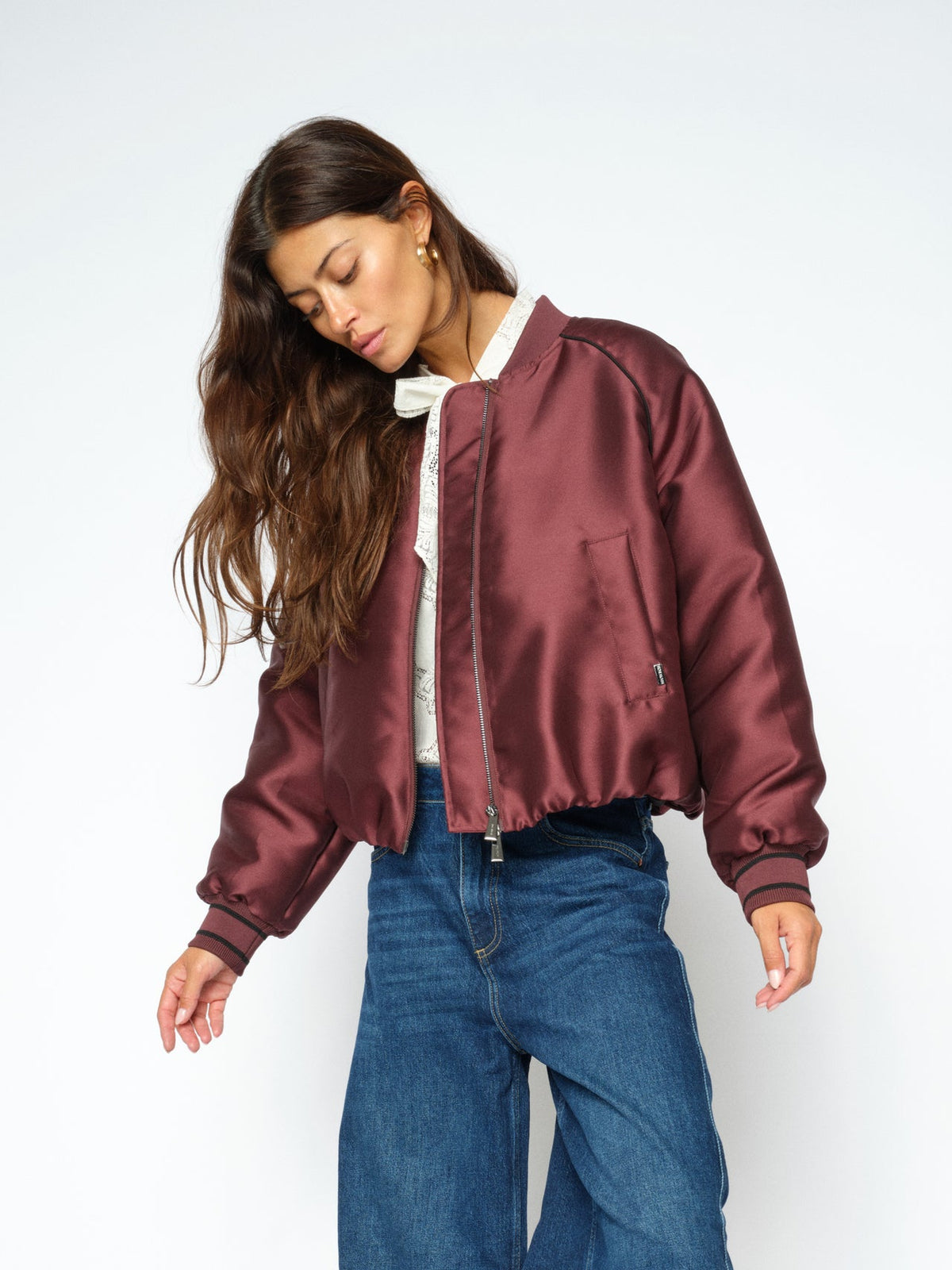 MOS MOSH MMCalico wine sateen bomber jacket styled with blue denim