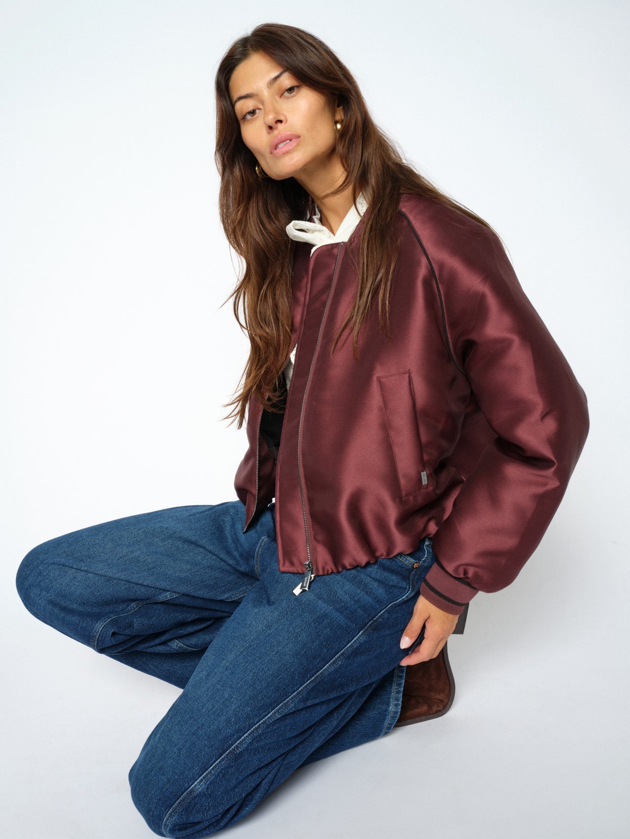 MOS MOSH MMCalico Port Royale sateen bomber jacket front view on model