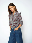 MOS MOSH Debby Visi Flip burgundy floral ruffle shirt on model