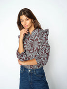 MOS MOSH Debby Visi Flip burgundy floral ruffle shirt on model