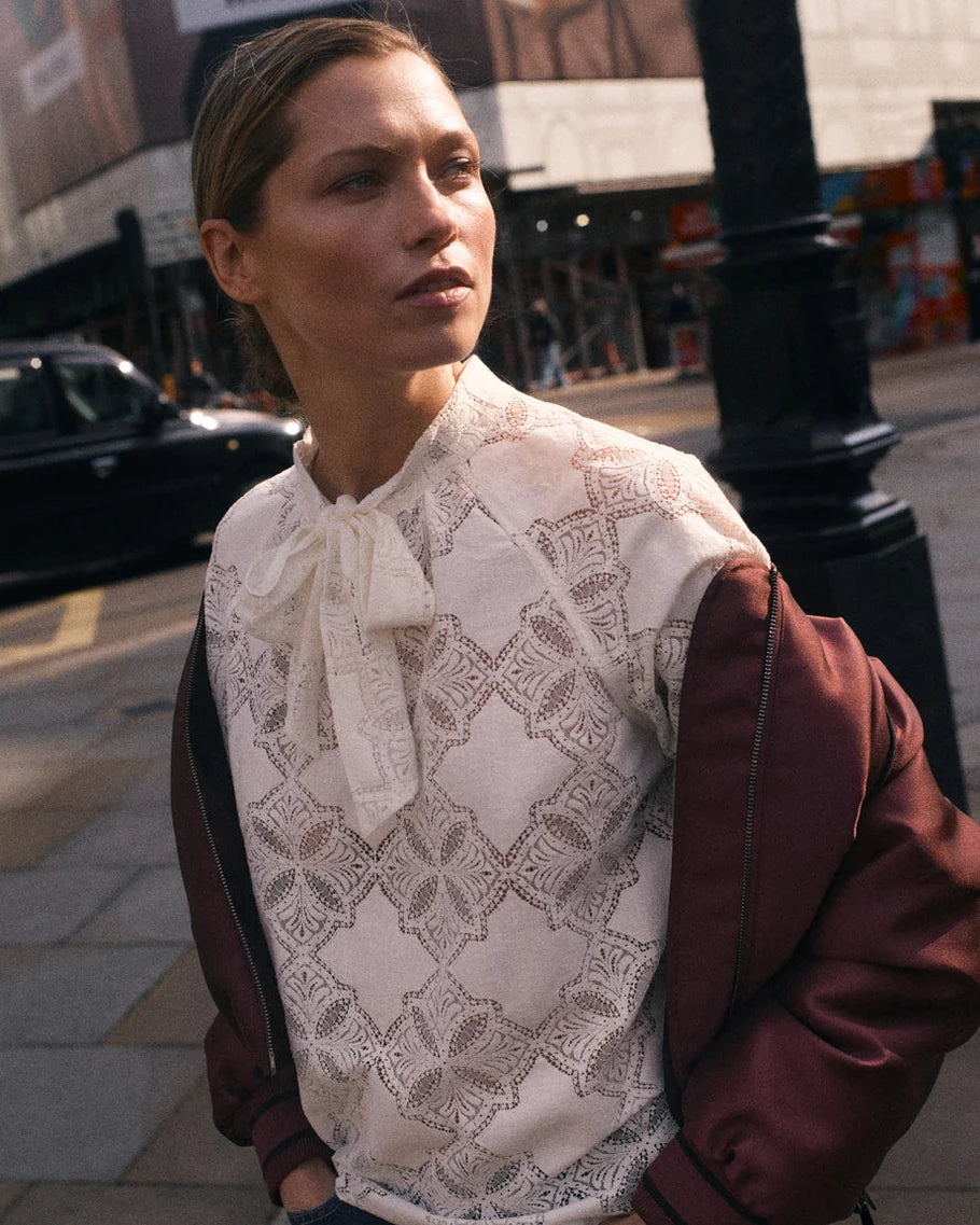 Mos Mosh Tamlyn ecru lace blouse neckline and sleeve detail