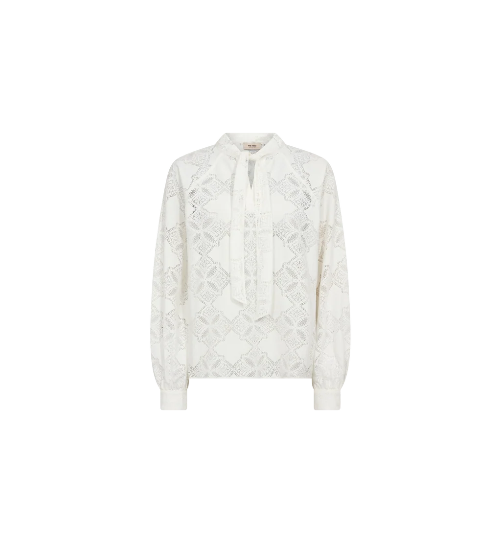 Mos Mosh Tamlyn ecru tie neck lace blouse front product view