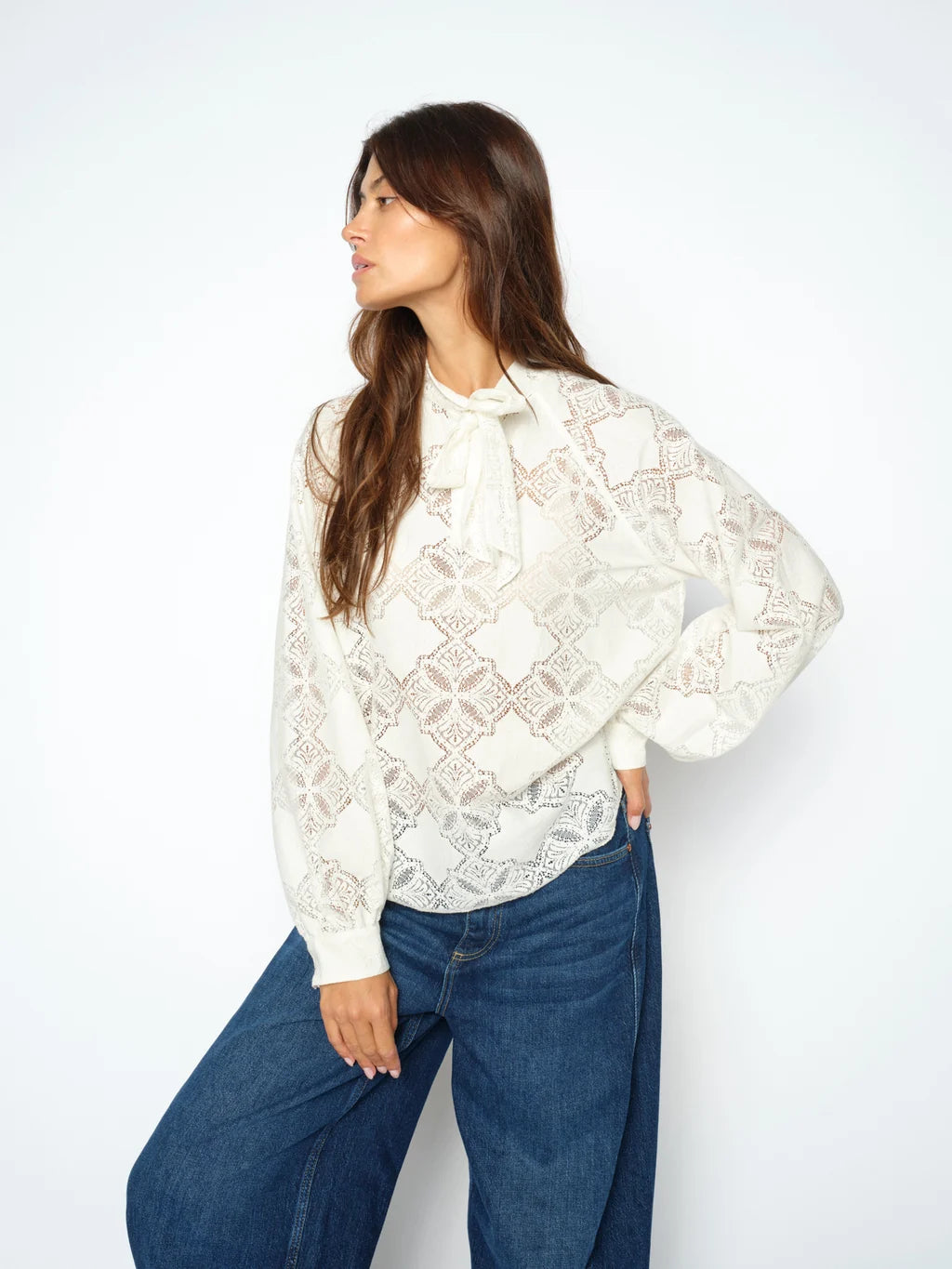 Mos Mosh Tamlyn ecru tie neck lace blouse styled with blue jeans