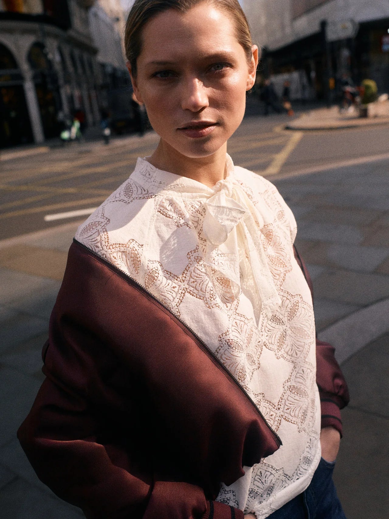 Mos Mosh Tamlyn ecru sheer lace tie neck blouse styled outdoors