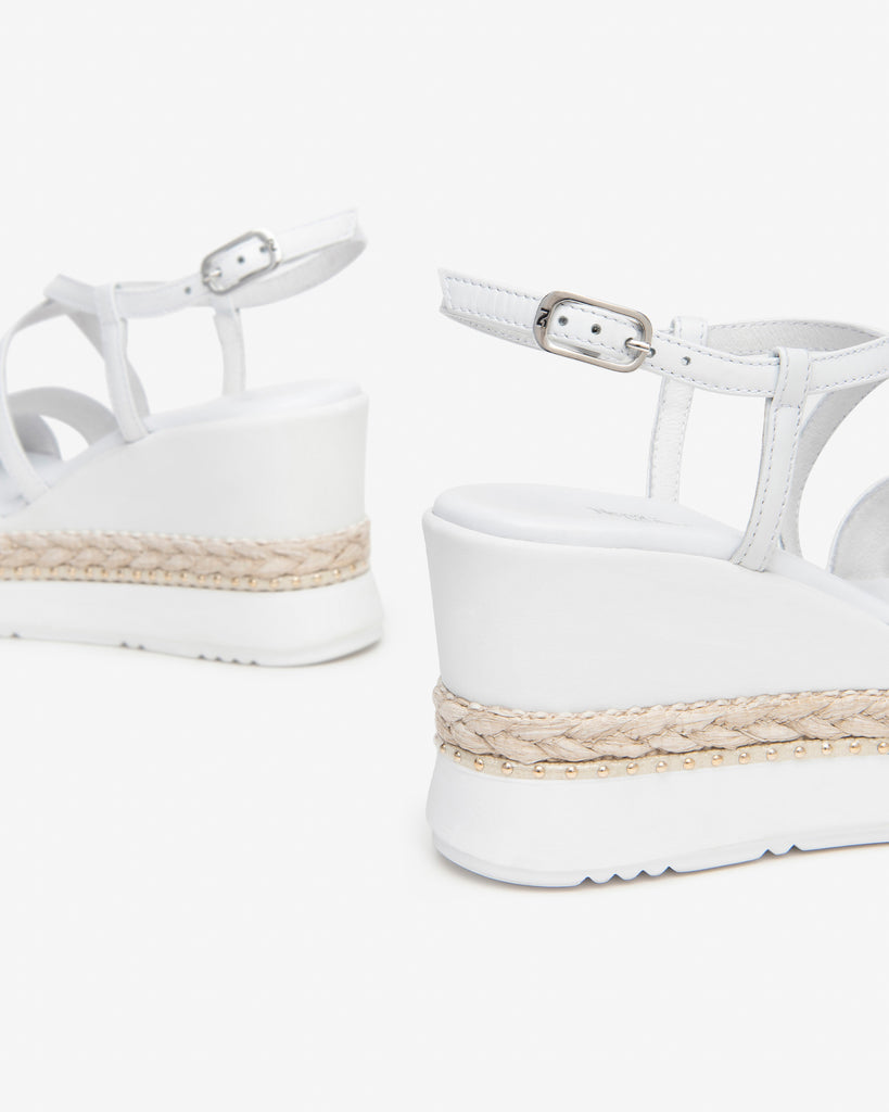 Nero Giardini White/Tan Leather Strappy Wedge Sandals