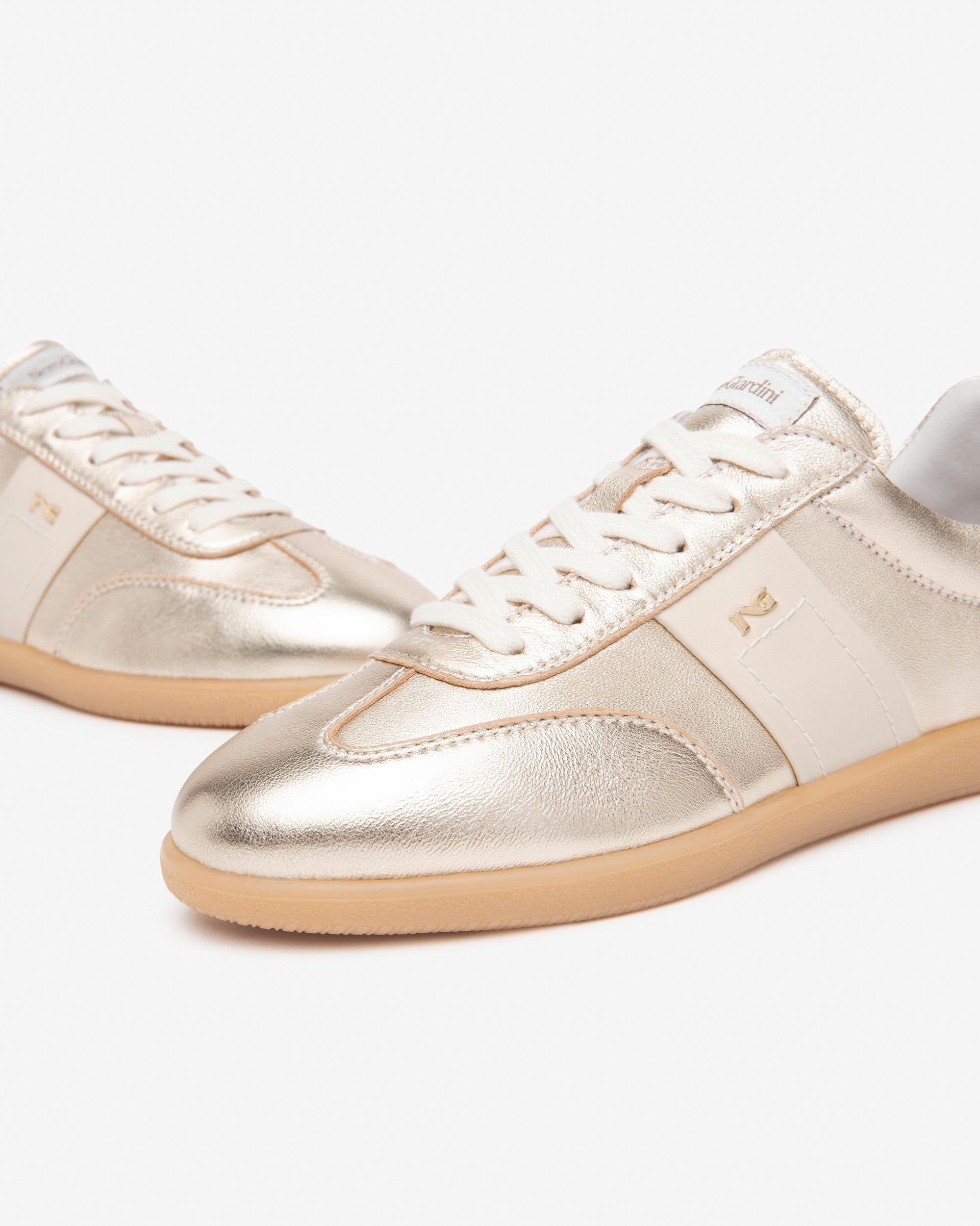 Nero Giardini Gold Leather Sporty Retro Trainer With Round Pointy Toe