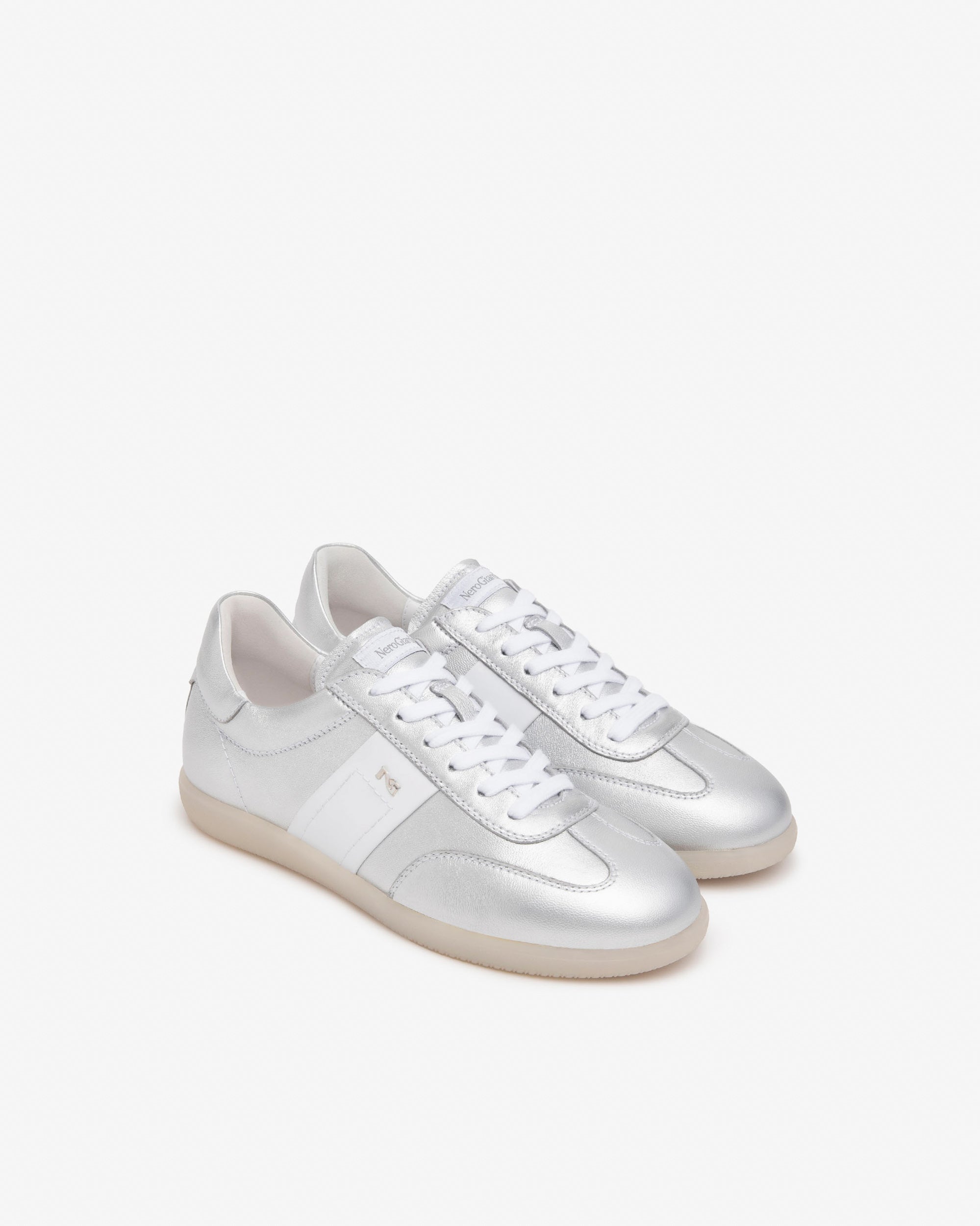 Nero Giardini Leather Sporty Retro Lace Up Trainer In silver 