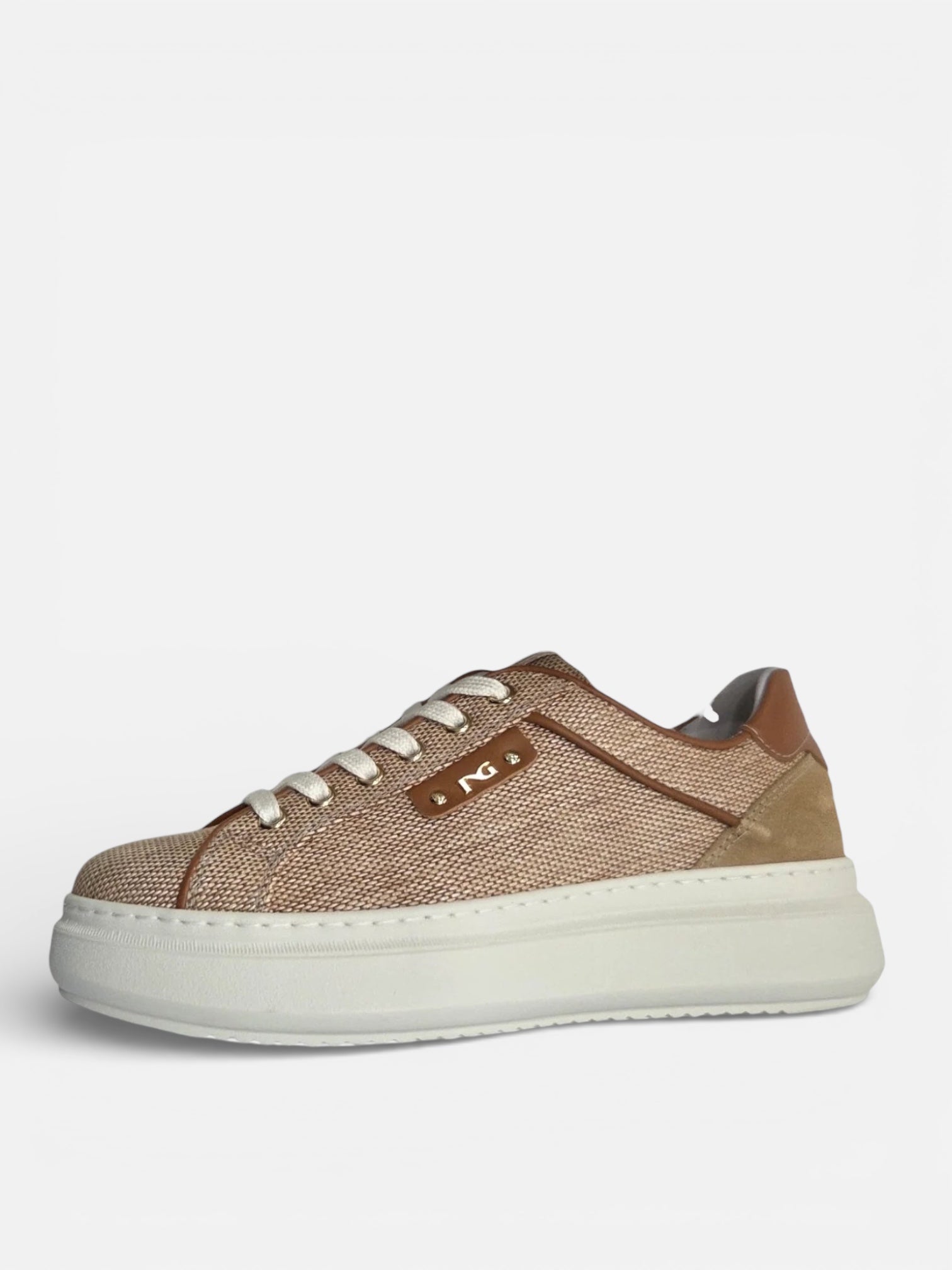 NeroGiardini raffia tan platform trainers women’s raffia trainers side view