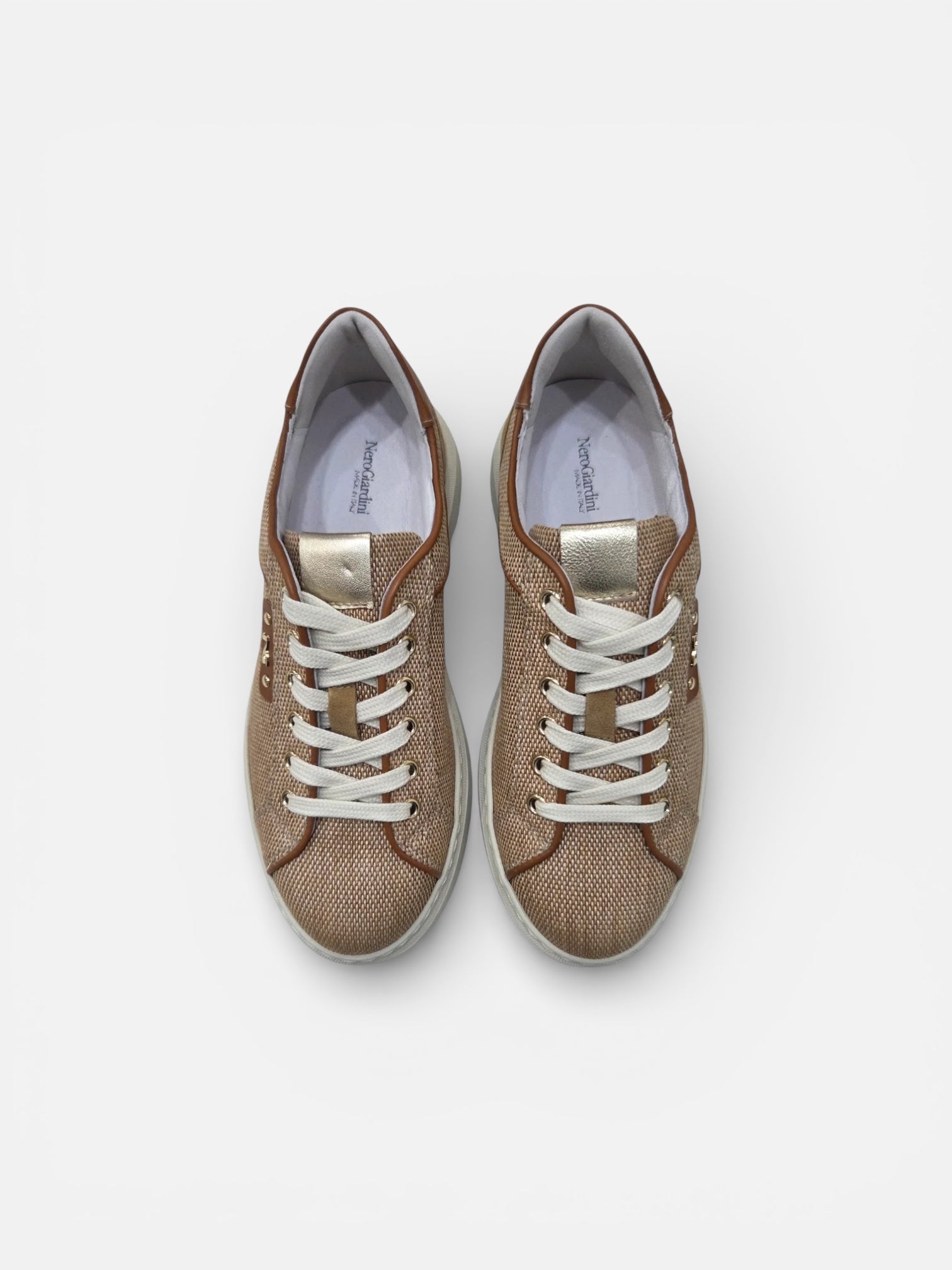 NeroGiardini raffia platform trainers tan leather trim pair view