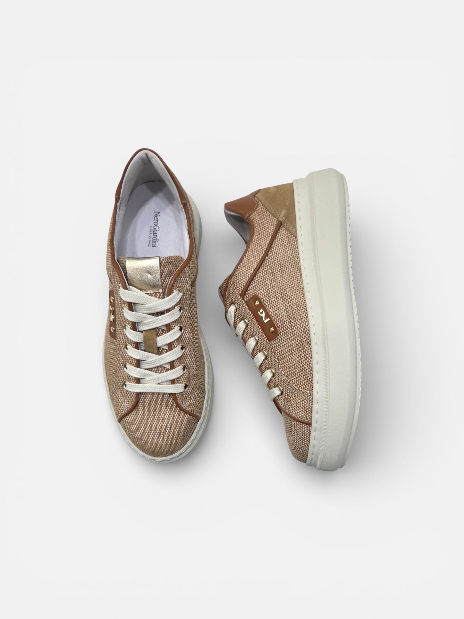 NeroGiardini raffia platform trainers tan leather detail side profile