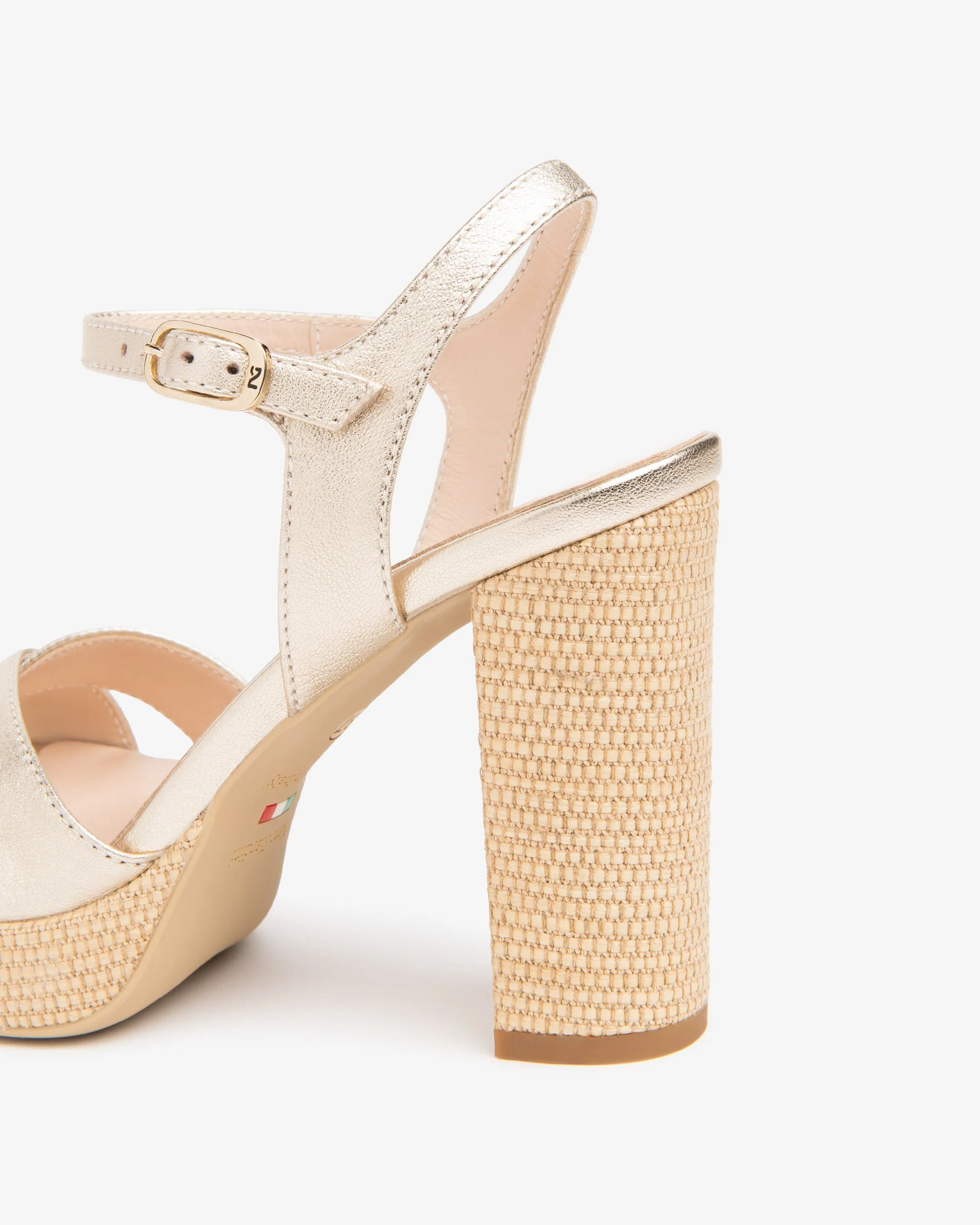 Nero Giardini gold leather sandals heel detail woven block heel back strap