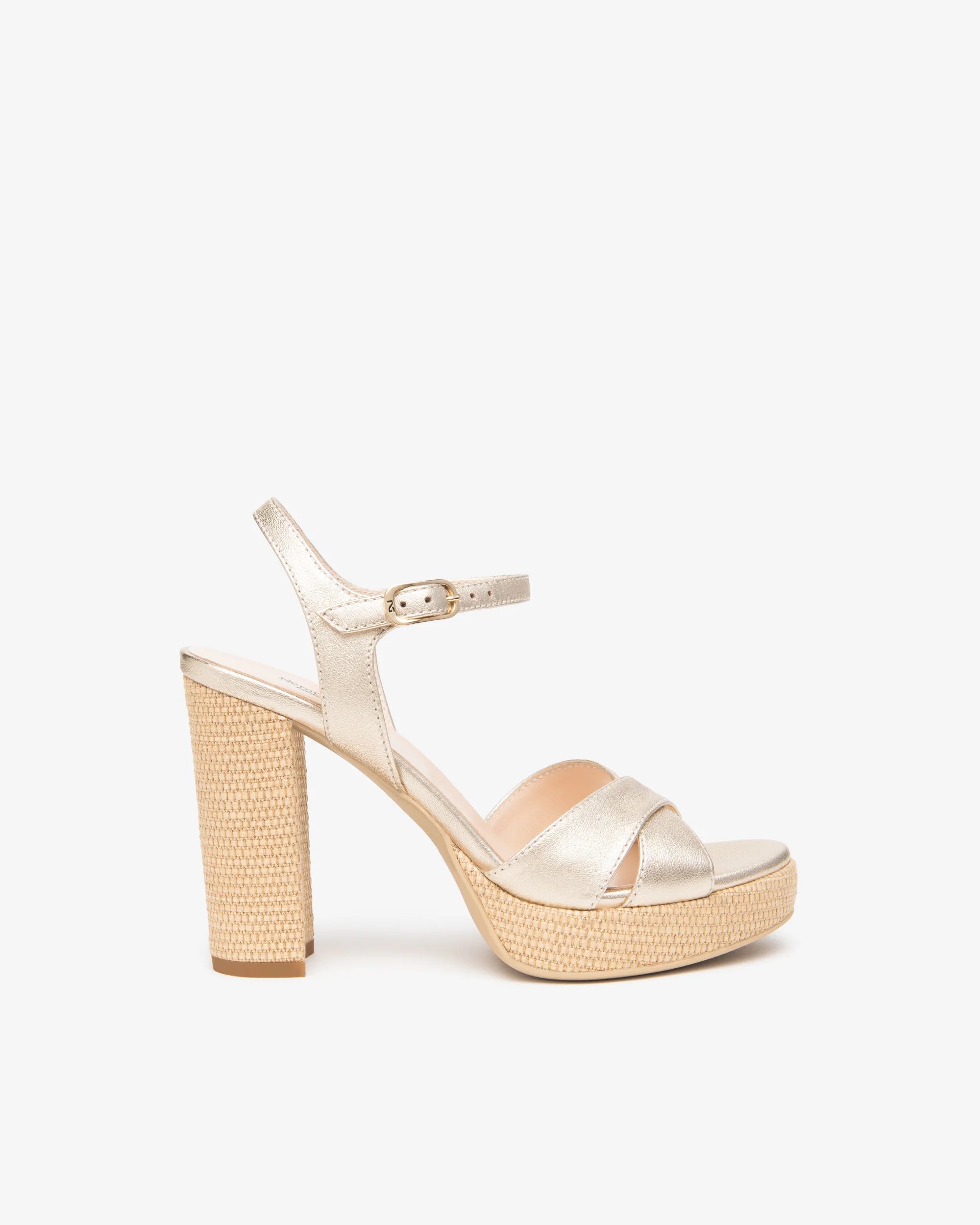 Nero Giardini gold platform sandals side view block heel ankle strap