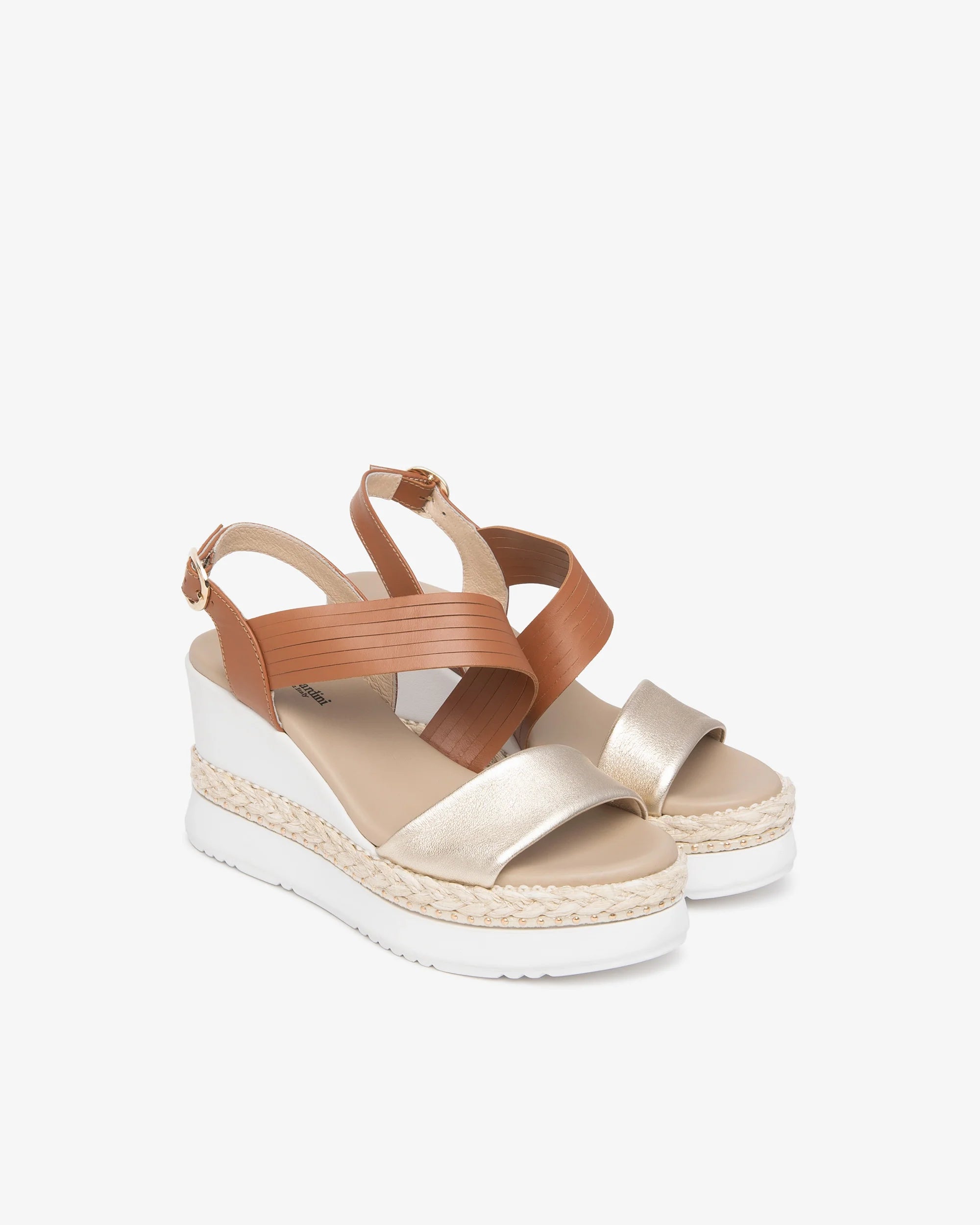 Nero Giardini tan and gold leather wedge sandals front angled view