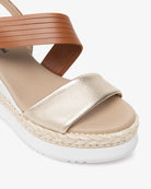 Nero Giardini metallic gold leather sandal strap close-up platform wedge sole