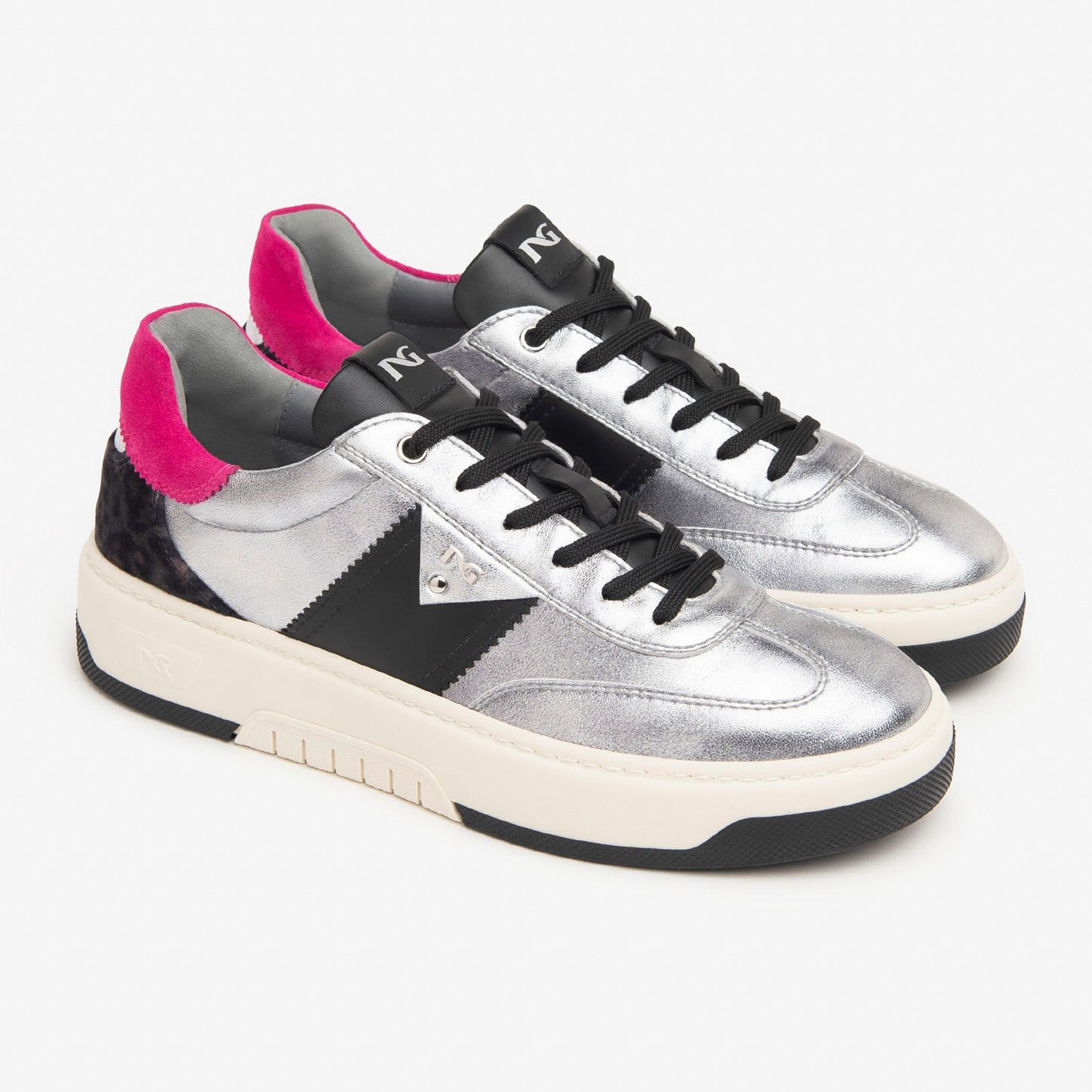 Nero Giardini Leather Trainers With Pink Heel In Silver