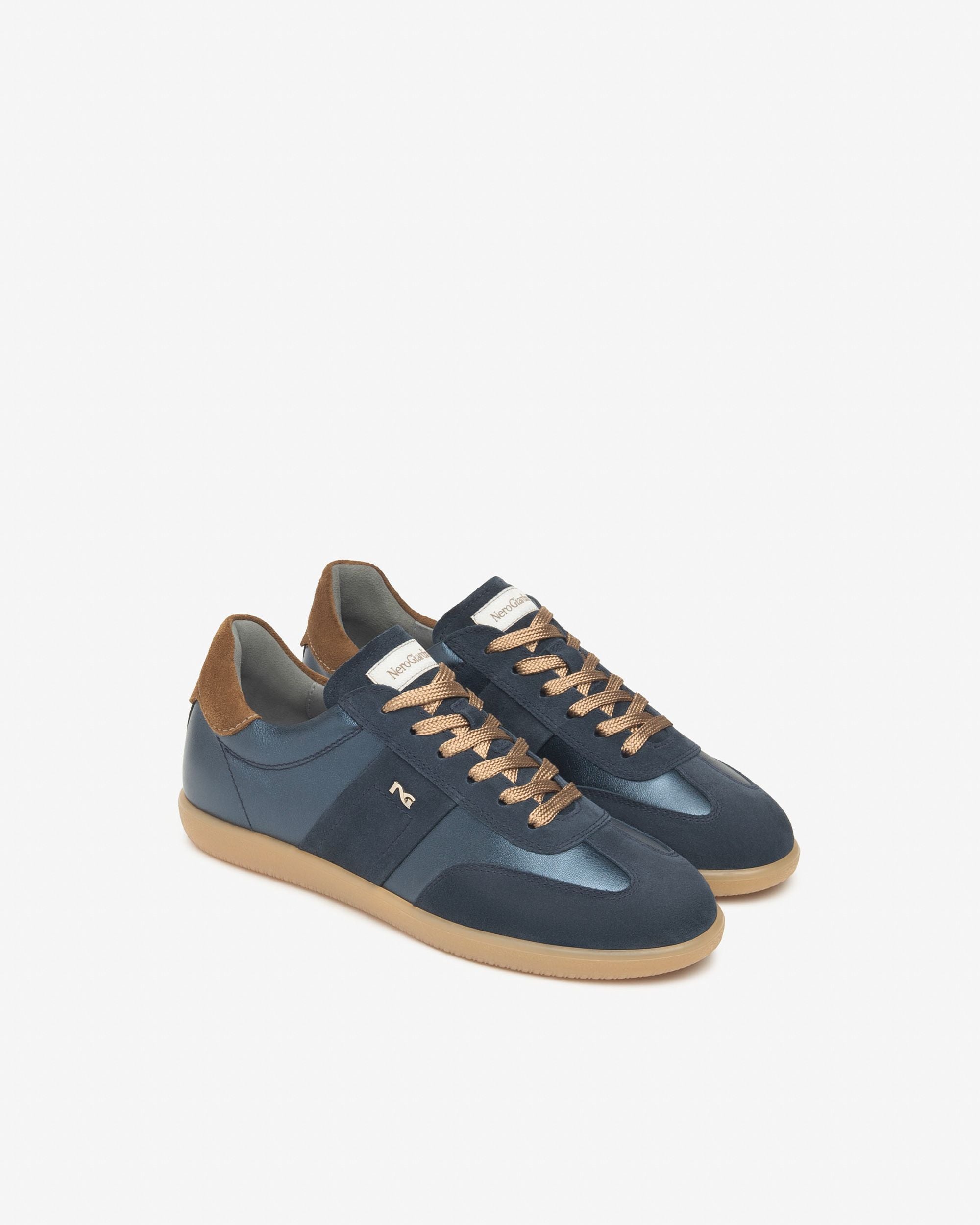 NeroGiardini navy and bronze lace up trainers – side view 