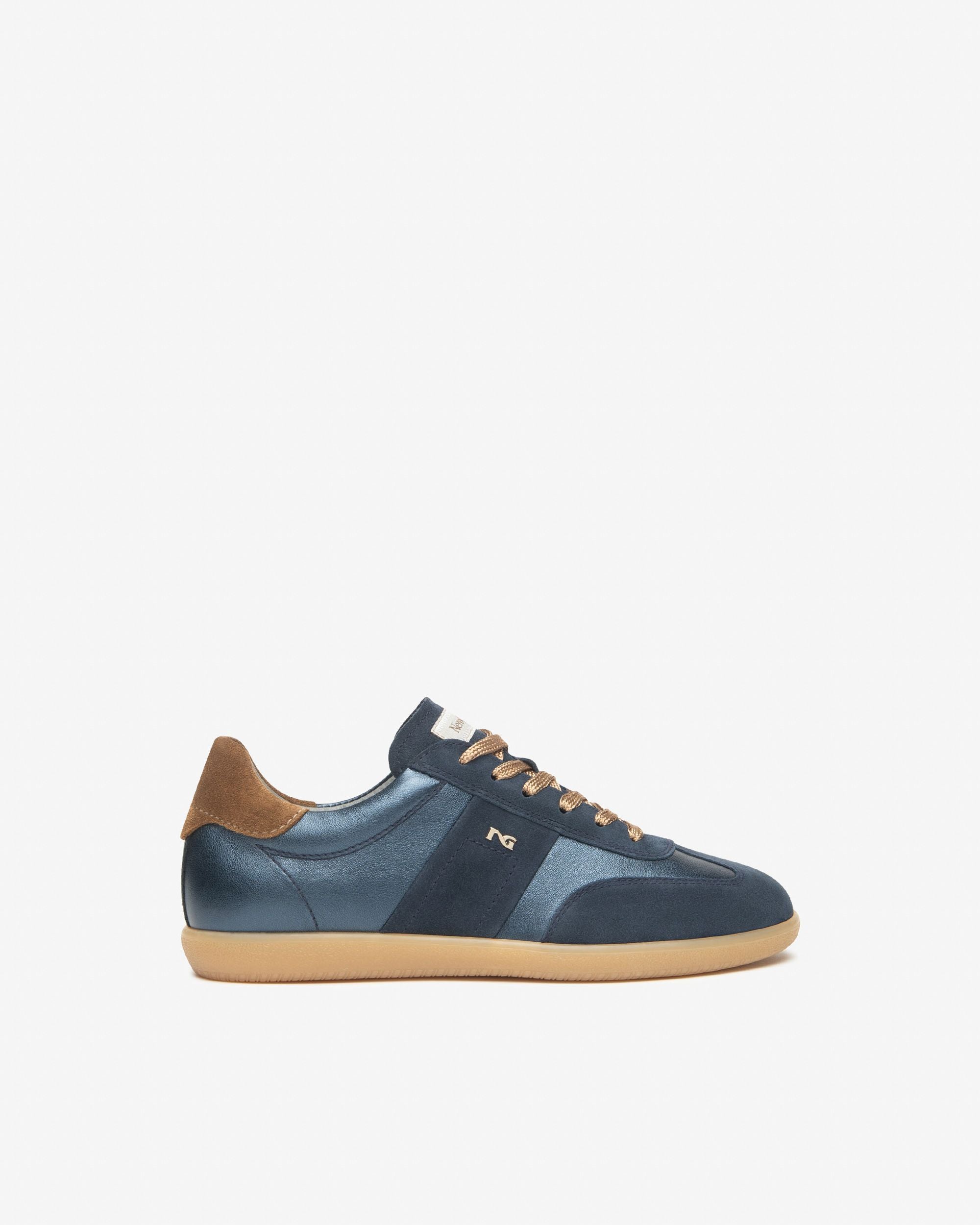 NeroGiardini women’s trainers in navy with tan suede heel detail 