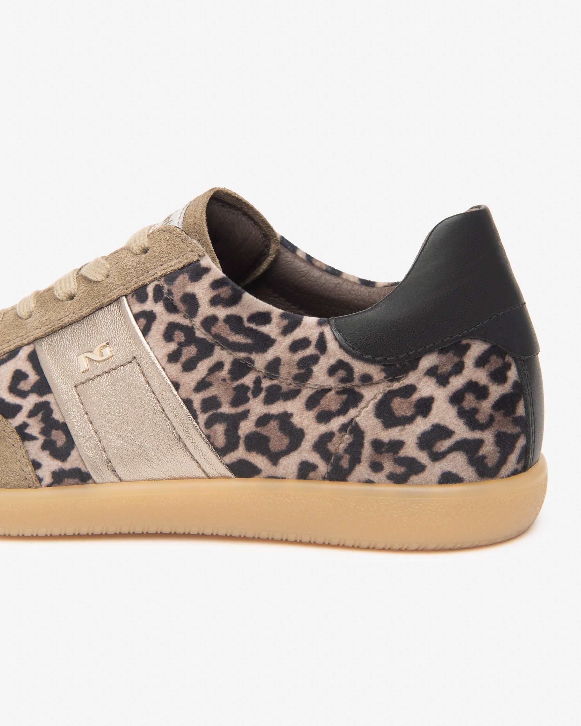 NeroGiardini beige suede leopard trainers with black heel tab