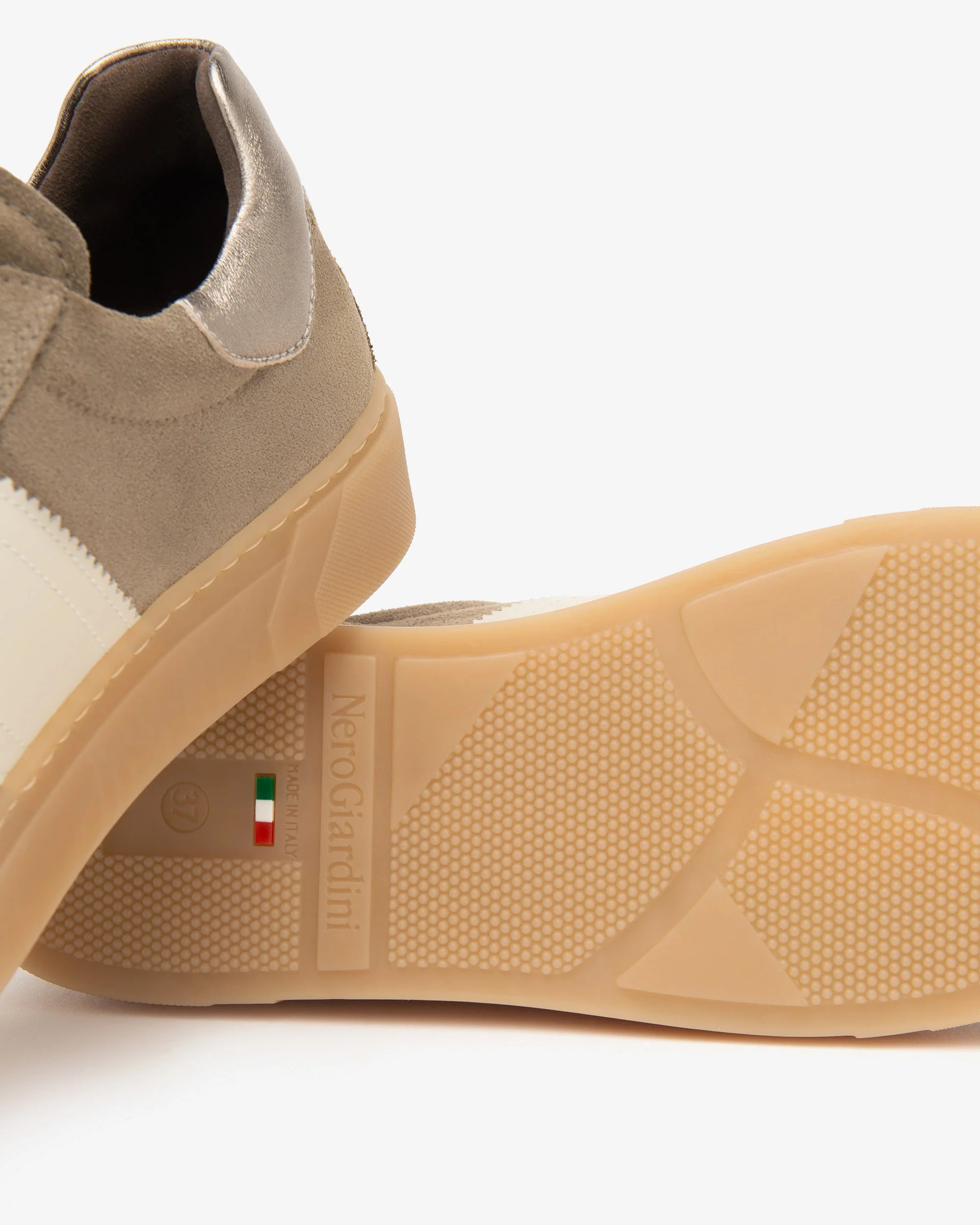 NeroGiardini beige suede lace-up trainer with ivory stripe and rubber sole