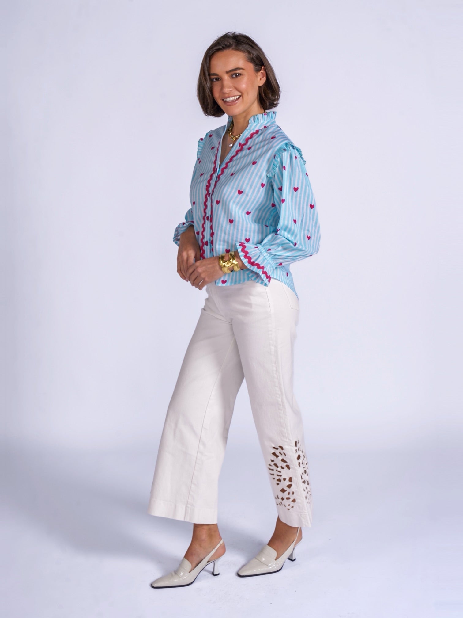 New Day Originals Beo heart print blouse ric rac trim detail blue stripe