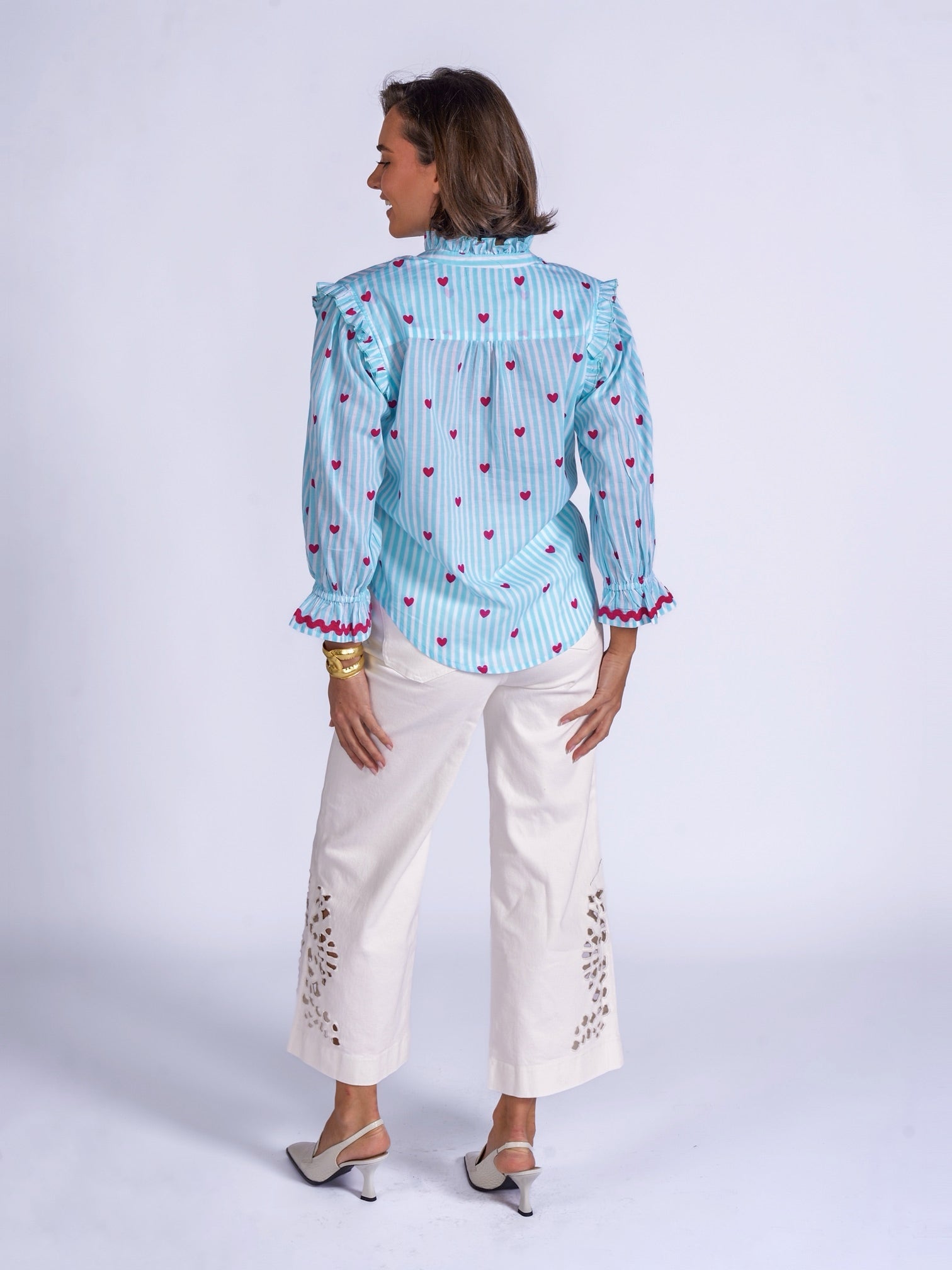 New Day Originals Beo cotton blouse back view relaxed fit blue stripe