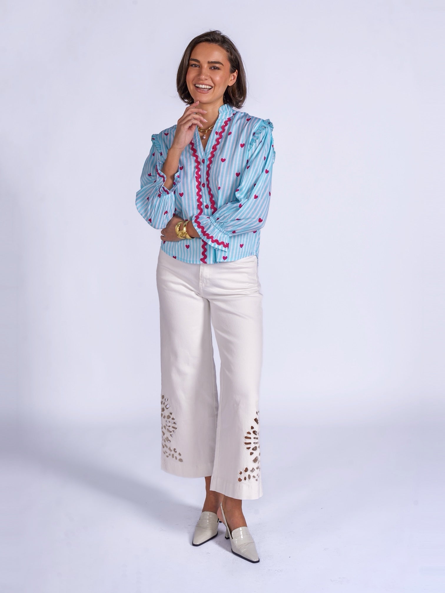New Day Originals Beo blouse heart print cotton shirt sleeve detail