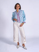 New Day Originals Beo blue stripe heart print cotton blouse front view