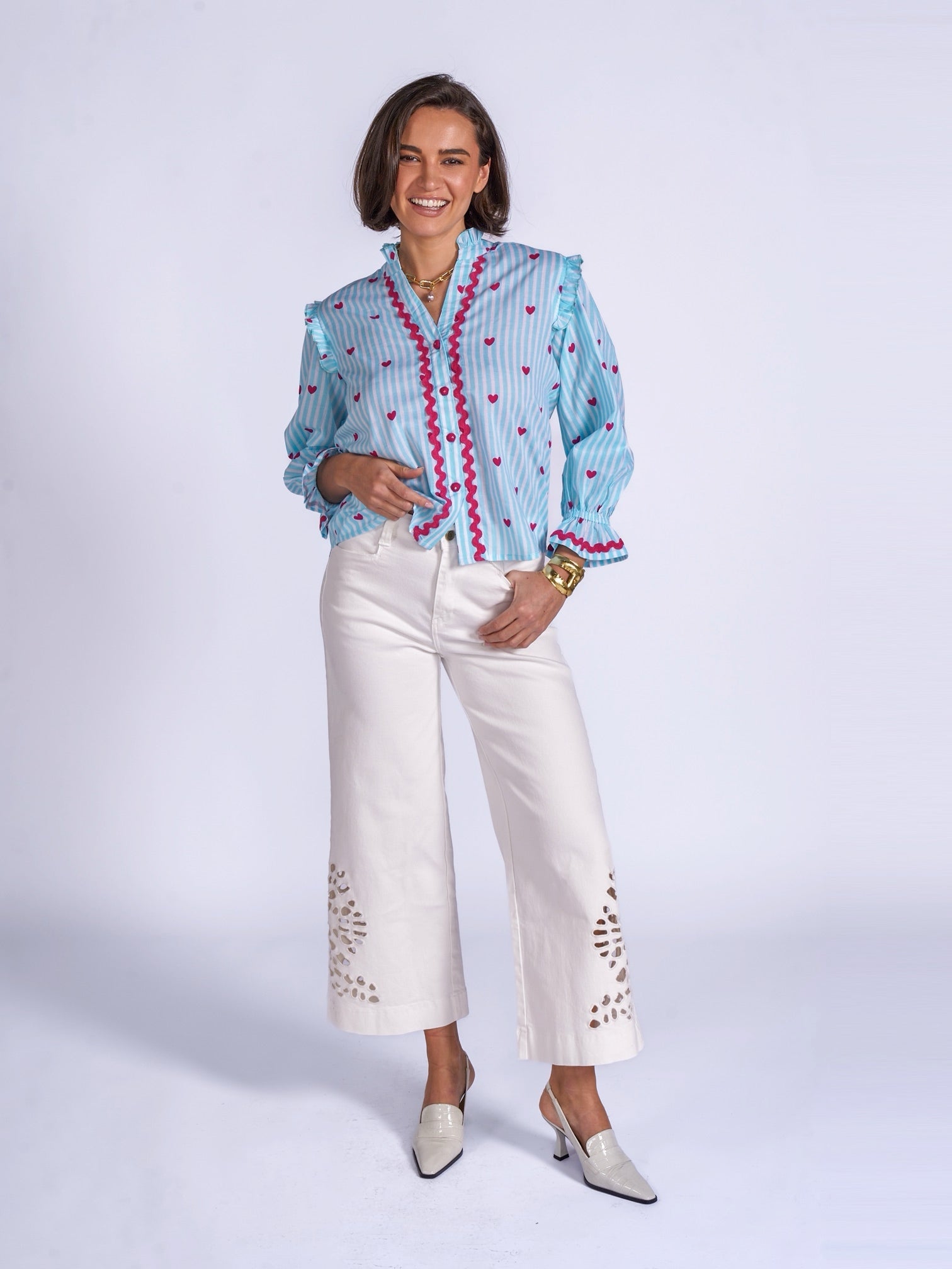 New Day Originals Beo blue stripe heart print cotton blouse front view