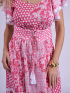New Day Originals pink printed dress waist belt tassel detail