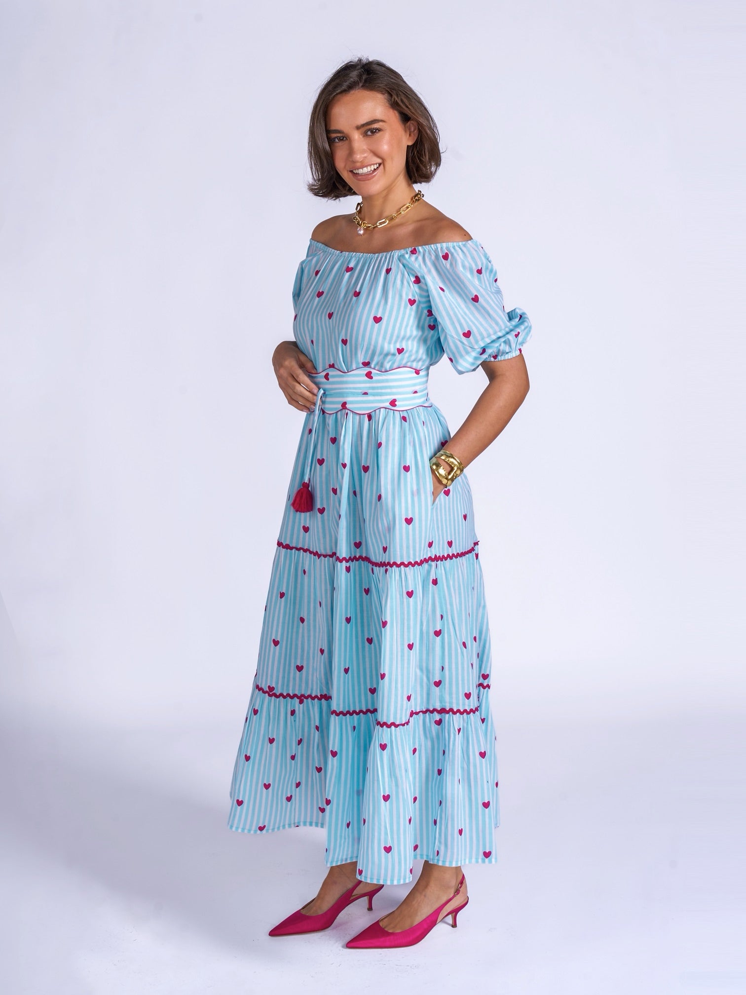 Off shoulder heart print midi dress blue stripe New Day Originals